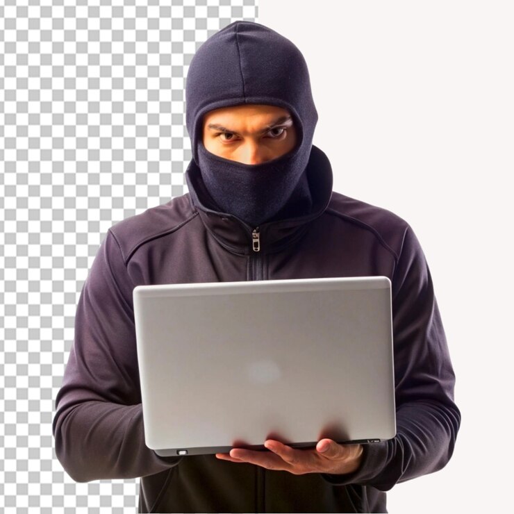 PSD hacker sosteniendo una computadora portátil en un fondo transparente