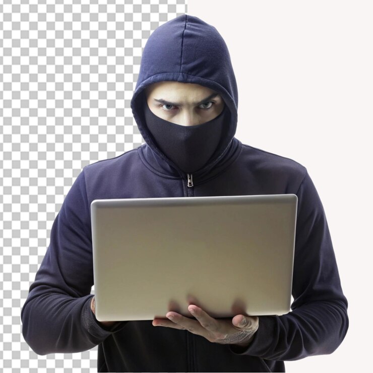 PSD hacker sosteniendo una computadora portátil en un fondo transparente