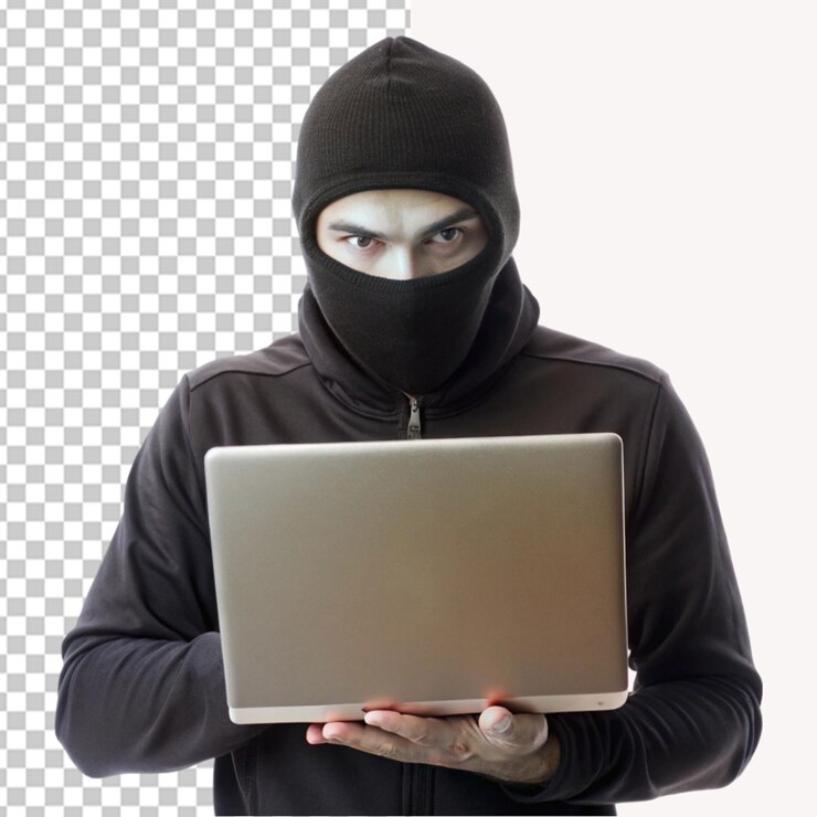 PSD hacker sosteniendo una computadora portátil en un fondo transparente