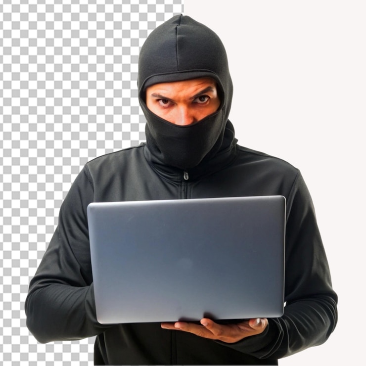 PSD hacker sosteniendo una computadora portátil en un fondo transparente