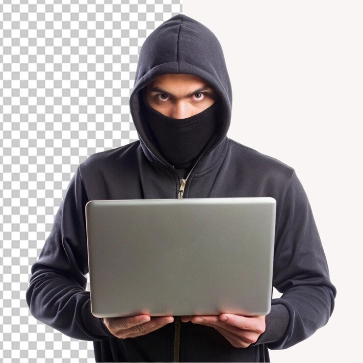 PSD hacker sosteniendo una computadora portátil en un fondo transparente