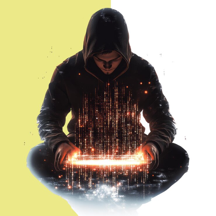 PSD un hacker con una sudadera negra se sienta con una computadora portátil rodeada de código holográfico aislado en un fondo blanco fondo alfa transparente png