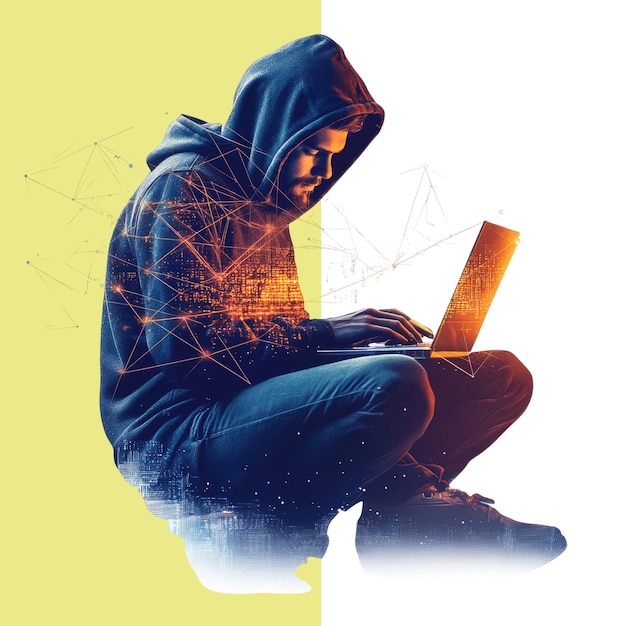 Un hacker con una sudadera negra se sienta con una computadora portátil rodeada de código holográfico aislado en un fondo blanco fondo alfa transparente png