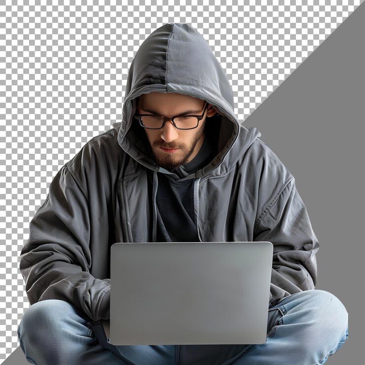PSD hacker trabajando en una computadora portátil en un fondo transparente generado por ai