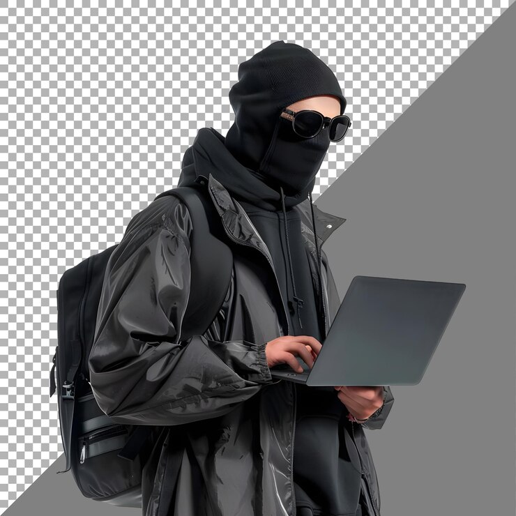 PSD hacker trabajando en una computadora portátil en un fondo transparente generado por ai