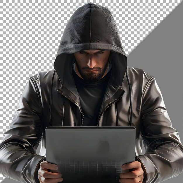 Hacker travaillant sur un ordinateur portable sur un fond transparent généré par l'IA