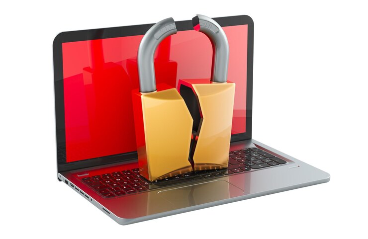 PSD hacking concepto de portátil computadora portátil con bloqueo roto renderización 3d aislado en fondo transparente