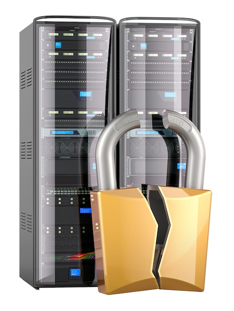 Hacking-Server-Konzept Computerserver-Rack mit Broken Padlock 3D-Rendering isoliert auf transparentem Hintergrund