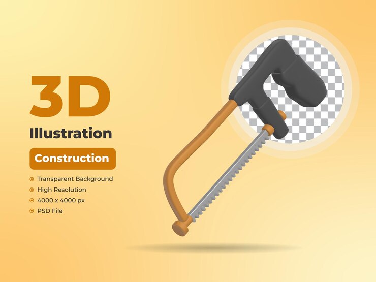 PSD hacksaw 3d construction icon with transparent background