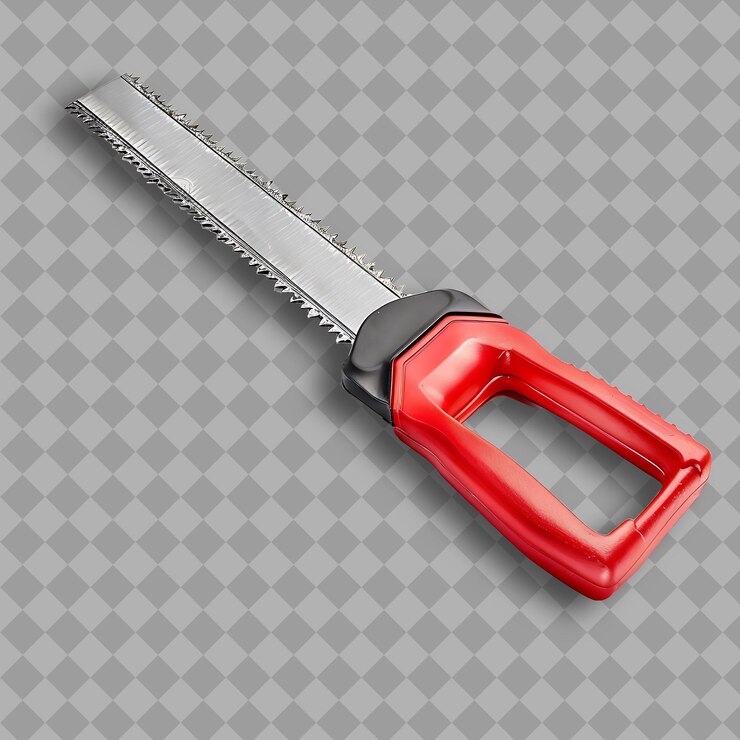 PSD hacksaw with red plastic handle and steel blade a tool used png tool on clean background