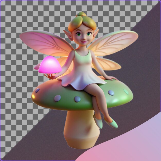 Hada 3D sentada en un hongo