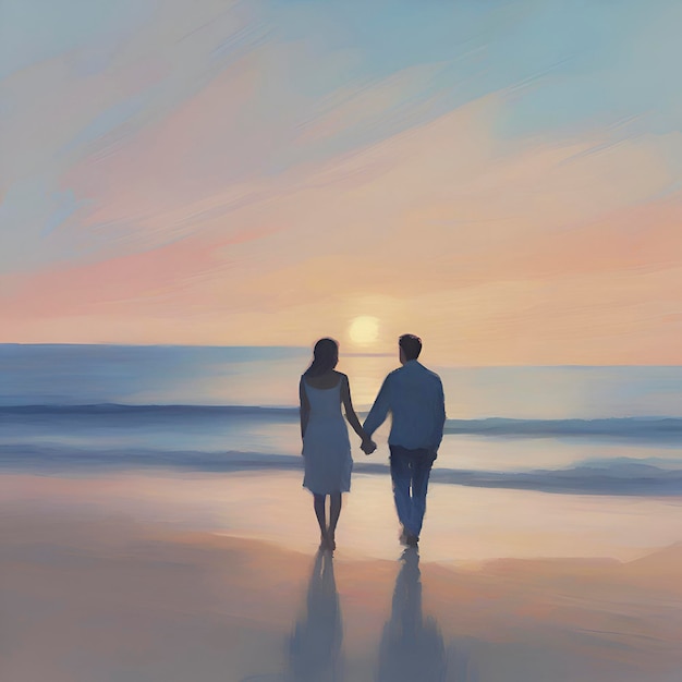 Händchenhaltendes paar am strand bei sonnenuntergang pastellfarben im impressionistischen stil aigenerated