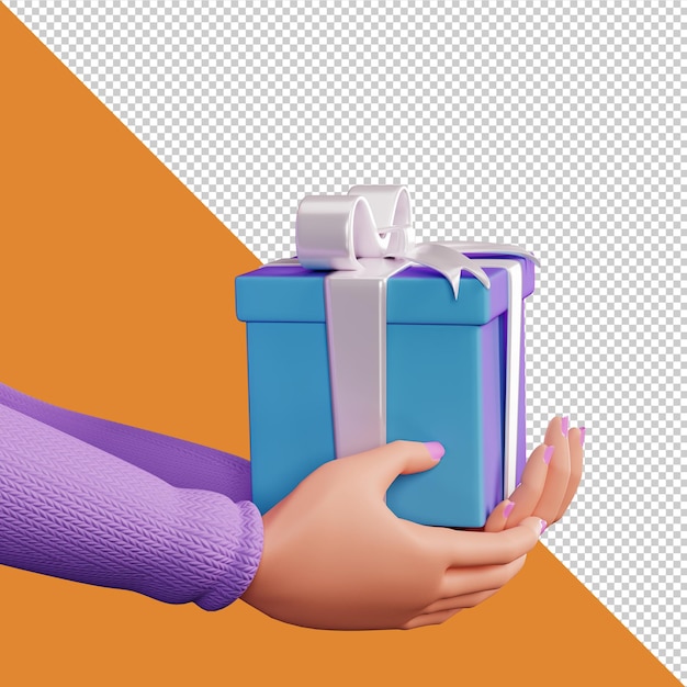 Hände der Karikatur 3d, die eine Geschenkbox halten. Weihnachtsgeschenk. Blaue Geschenkbox in Frauenhänden