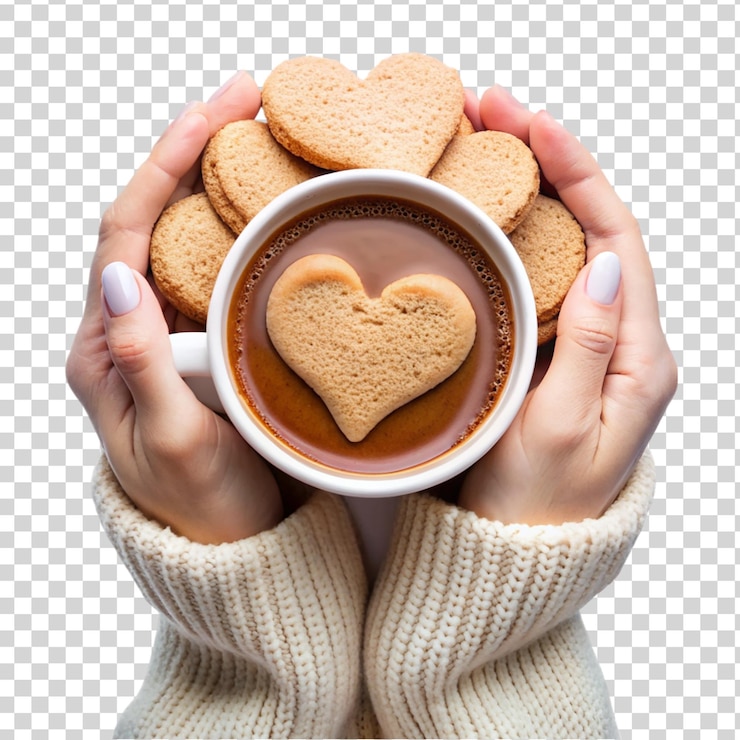 PSD hände, die eine tasse heiße schokolade mit herzförmigen kekse auf durchsichtigem hintergrund halten