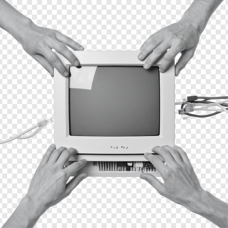 PSD hände, die einen alten computermonitor umgeben