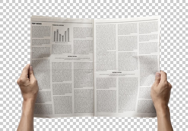 Hände halten die Geschäftszeitung isolierte Tageszeitung Mockup-Konzept PNG-Transparenz mit Schatten