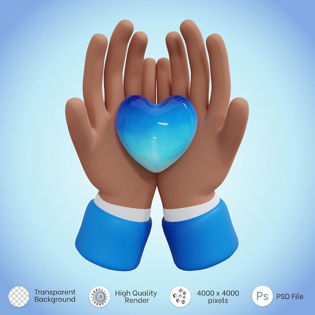 Hände halten ein blaues Herz-Symbol in 3D-Rendering