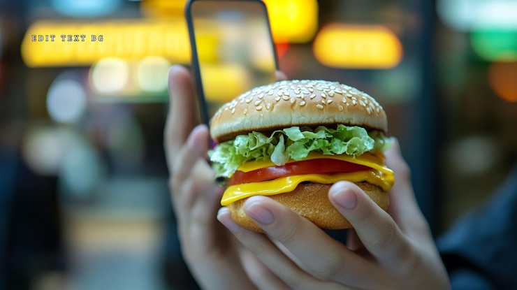 PSD hände halten einen köstlichen burger und machen ein foto mit einem smartphone