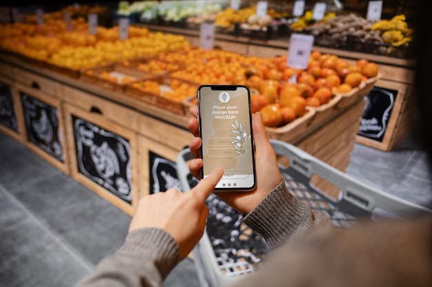 PSD hände halten smartphone im supermarkt