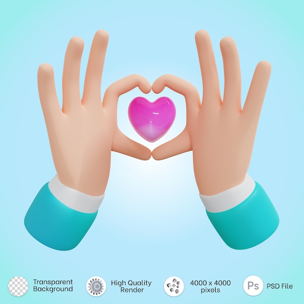 Hände posieren Herzzeichen mit rosa Herz im Fingersymbol in 3D-Rendering