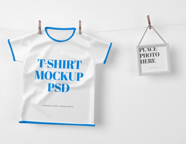 PSD hängendes kinder-t-shirt mit fotorahmenmodell psd