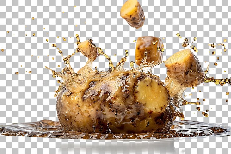 PSD haggis escoceses flotando con salpicaduras de neep y tattie en un fondo transparente