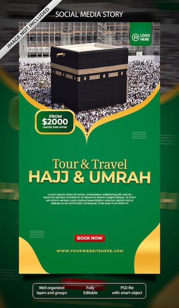 hajj tour e viaggi design dei social media con sfondo verde e colore oro