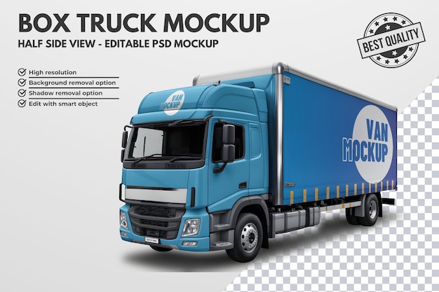 Halbe Seitenansicht eines Box Truck Editable Psd Mockup