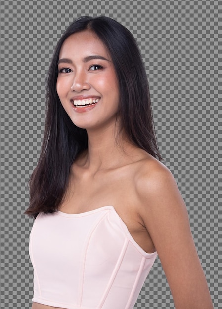 Halber Körper Gesicht geschossen von 20s Asian Woman Lächeln schön mit Lächeln Gesicht schwarz lange Haare, isoliert. Gebräunte Haut Mädchen Blick in die Kamera Express Gefühl glücklich, Studio weißer Hintergrund