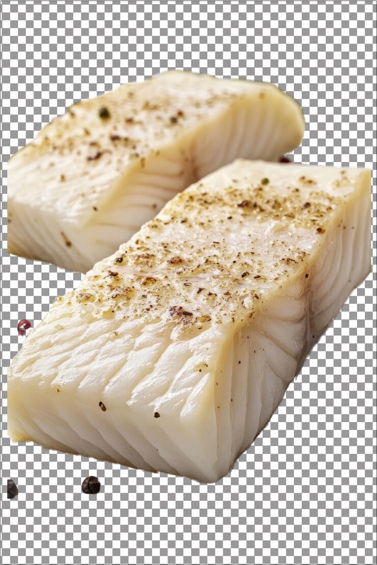Halibut ligero y escamoso perfecto en la parrilla hiperrealista blanco aislado plano transparente Backg