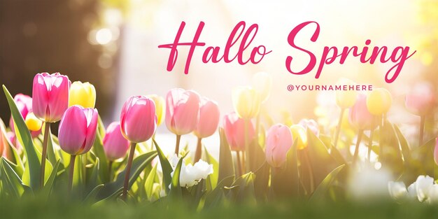 PSD hallo frühlings-social-post mit website-banner mit schönen frühlingsblumen im hintergrund