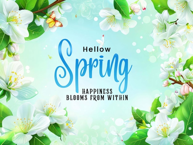 Hallo frühlingstextvorlage design frühlingsgrüße typografie mit frischen blütenblumen und schmetterlingen