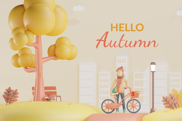 Hallo herbst-banner-vorlage mädchen mit fahrrad 3d-render