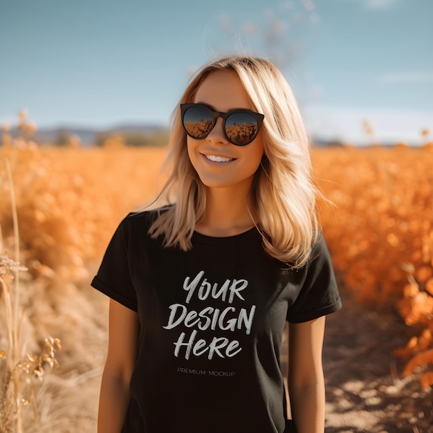 Hallo herbst schwarzes t-shirt-modell mit einer blonden, glücklichen frau