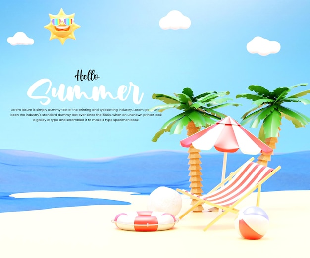 Hallo sommerurlaub hintergrund banner design mit palme sonnenschirm strandkorb und ball