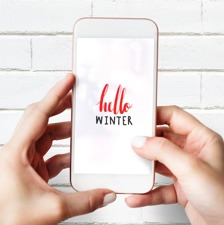 PSD hallo winter auf einem handy-bildschirmmodell