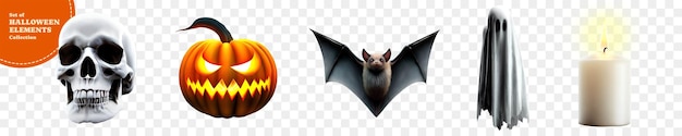 PSD halloween 3d ensemble bat jackolantern crâne bougie fantôme fond transparent