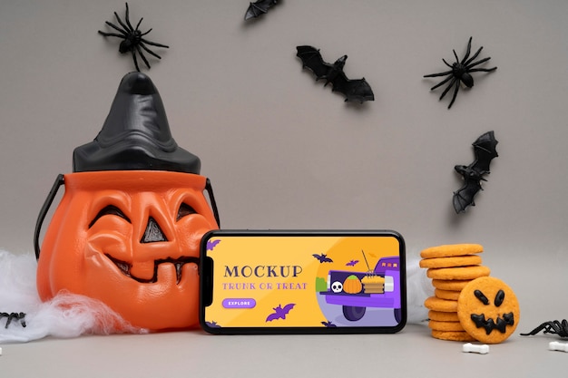 PSD halloween-arrangement mit mock-up-smartphone