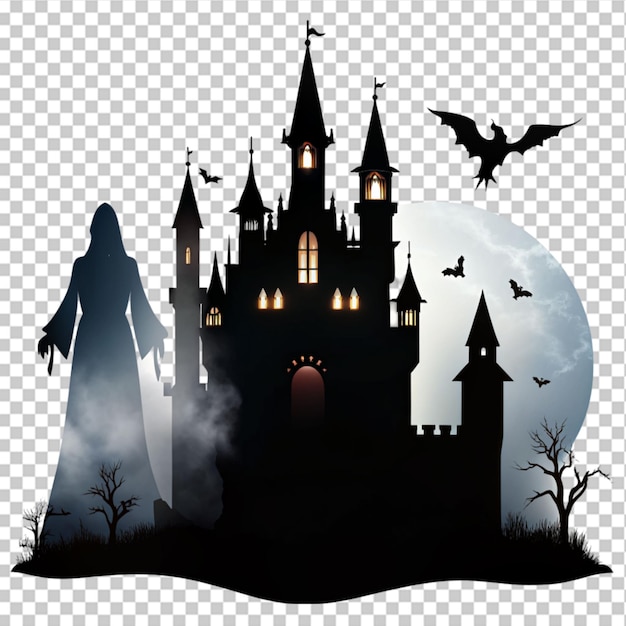 Halloween assustador com casa assustadora assombrada em fundo transparente