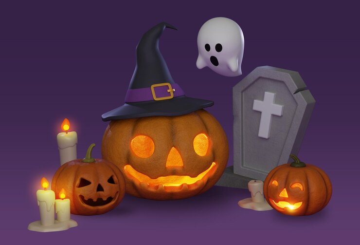 PSD halloween calabaza jack o linterna y personaje fantasma