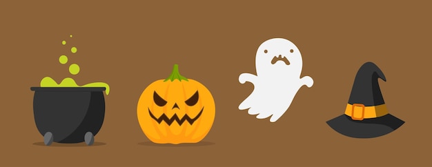 Halloween-Elemente auf braunem Hintergrund Kürbis-Geist-Hexen-Hut und Kessel