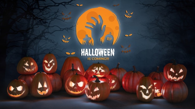 PSD halloween está chegando mock-up com abóboras assustadoras