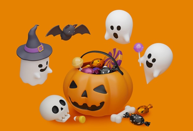 Halloween Jack o' Lantern Süßwarenkorb mit Geisterfigur 3D-Grafik