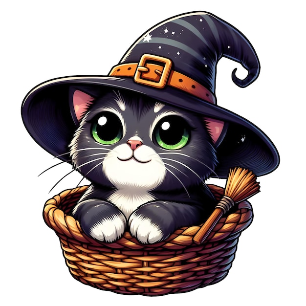 PSD halloween-katze mit einem hut im korb auf durchsichtigem hintergrund ki