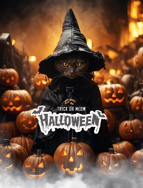 Halloween-Katzenhexe und Kürbisse 2023