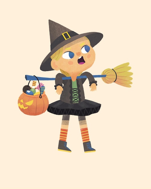 Halloween-Kind im Kostüm Süßes oder Saures Süßigkeiten und Bonbons im Eimer Niedliche Mädchen-Hexenfigur