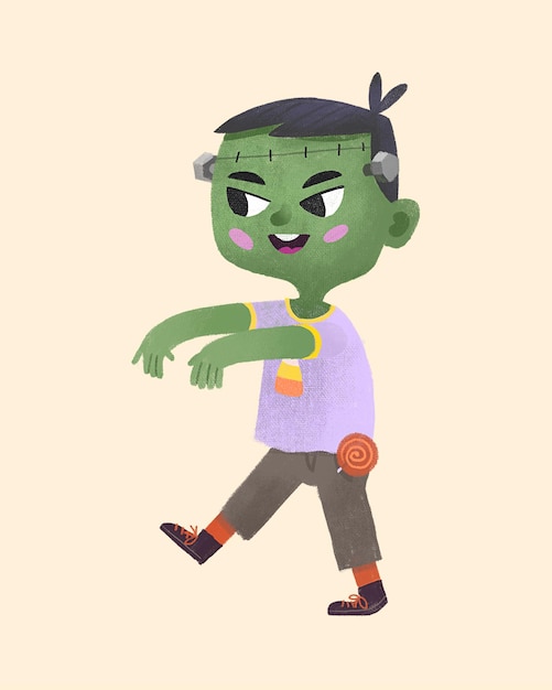 PSD halloween-kind im kostüm süßes oder saures süßigkeiten und bonbons im eimer niedlicher zombie-monster-charakter