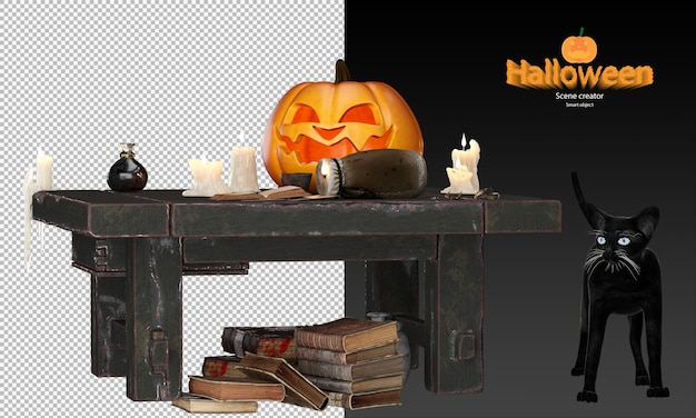 Halloween Kürbis schmelzende Kerzen Zaubertrank Flasche altes Buch alte sensorische Sanduhr auf altem Tisch