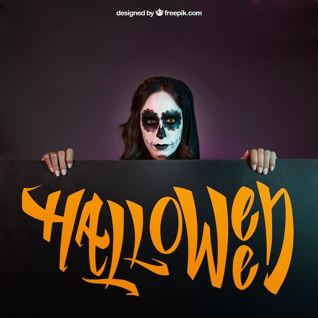 PSD halloween mock-up mit mädchen suchen über bord