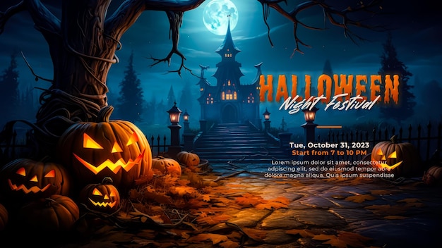 PSD halloween-nacht im 3d-cartoon-stil mit kürbis und villa-hintergrund-landschaftsbanner